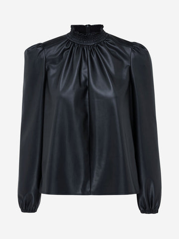 Vegan Leren Top Met Smock Effect - Zwart