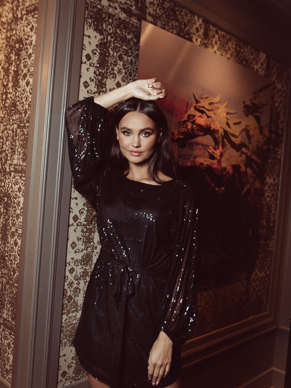 Pailetten Jurk Met Ballonmouw - Zwart