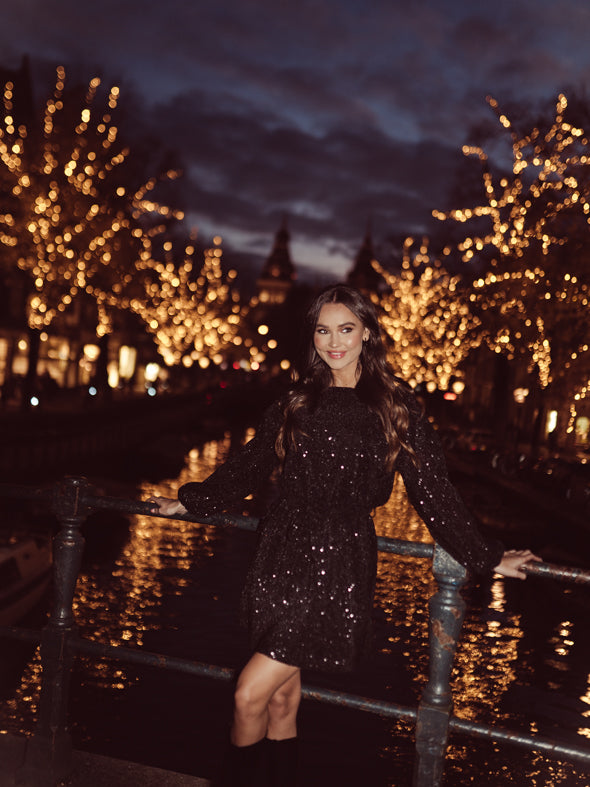 Pailetten Jurk Met Ballonmouw - Zwart